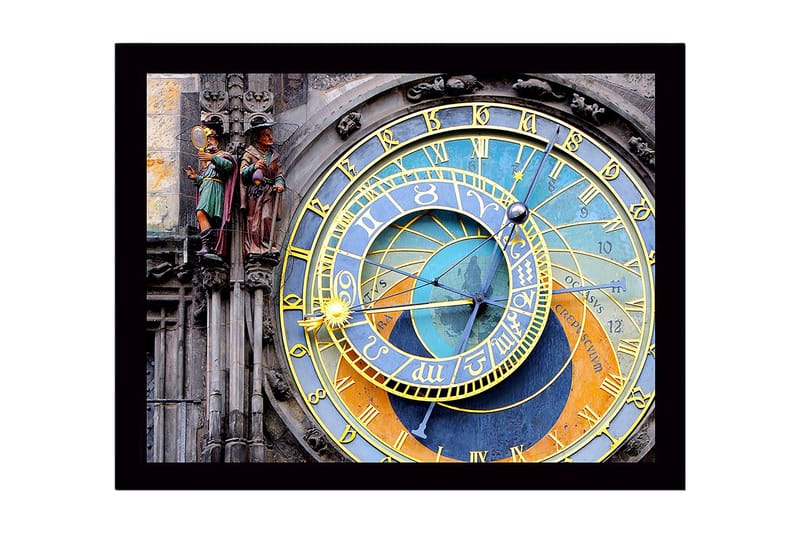 Inramad Canvastavla i trä - 41x56 cm - Astronomisk klocka med detaljerade cirklar och symboler, Guld / Blå / Orange