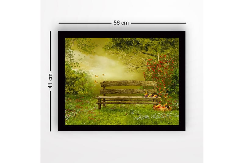 Inramad Canvastavla i trä - 41x56 cm - Bänk i en grönskande trädgård omgiven av blommor och fjärilar - Grön / Brun / Gul - Inredning - Tavlor & posters - Canvastavla