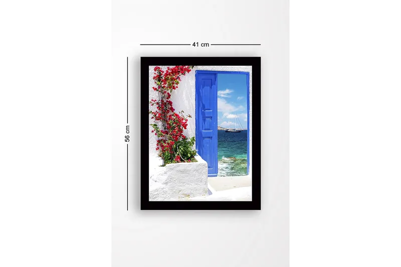 Inramad Canvastavla i trä - 41x56 cm - Blå dörr med blommor i rött framför havsutsikt - Blå / Röd / Vit - Inredning - Tavlor & posters - Canvastavla