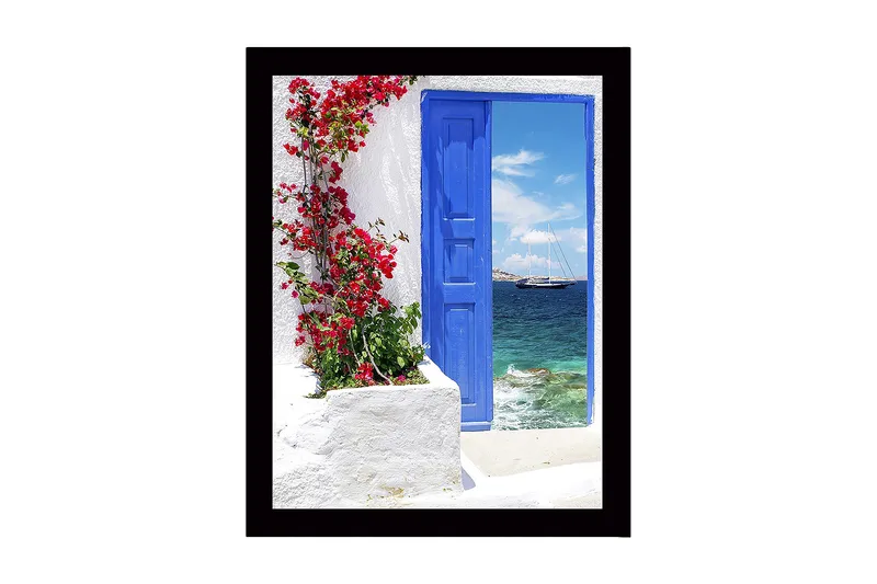 Inramad Canvastavla i trä - 41x56 cm - Blå dörr med blommor i rött framför havsutsikt, Blå / Röd / Vit