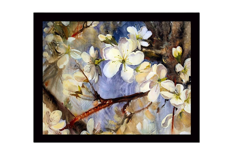Inramad Canvastavla i trä - 41x56 cm - Blommande körsbärsgrenar i mjuka pastellfärger, Vit / Ljusblå / Grön