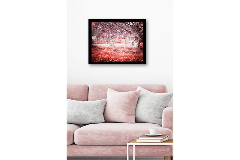 Inramad Canvastavla i trä - 41x56 cm - Blommande körsbärsträd i en drömlik landskapsmiljö - Rosa / Grön / Vit - Inredning - Tavlor & posters - Canvastavla