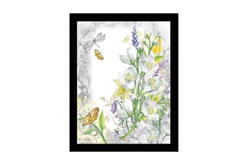 Inramad Canvastavla i trä - 41x56 cm - Blommig komposition med fjärilar och insekter - Vit / Gul / Grön - Inredning - Tavlor & posters - Canvastavla