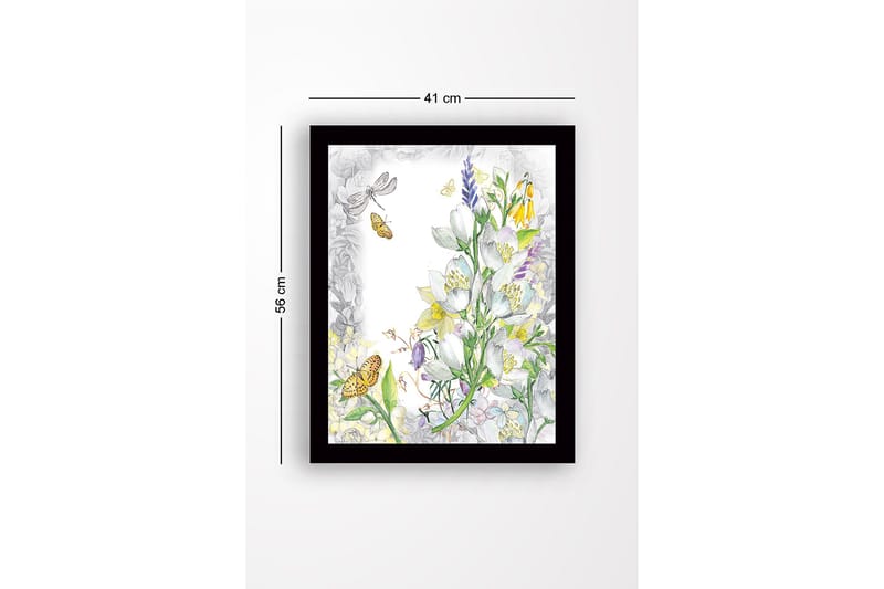 Inramad Canvastavla i trä - 41x56 cm - Blommig komposition med fjärilar och insekter - Vit / Gul / Grön - Inredning - Tavlor & posters - Canvastavla