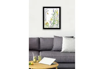 Inramad Canvastavla i trä - 41x56 cm - Blommig komposition med fjärilar och insekter - Vit / Gul / Grön - Inredning - Tavlor & posters - Canvastavla