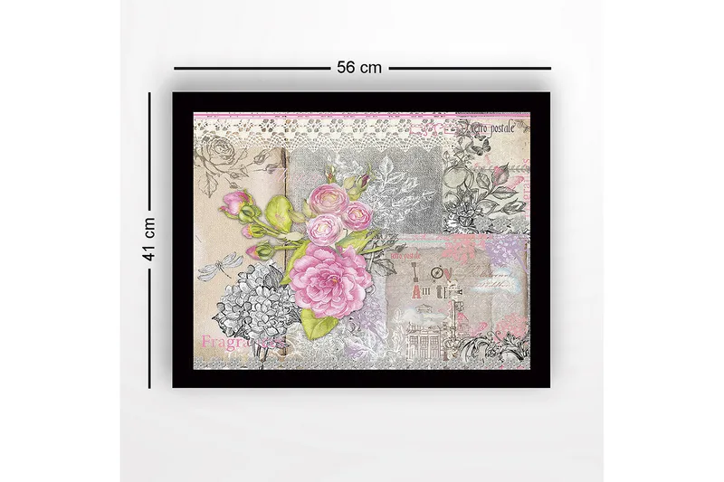 Inramad Canvastavla i trä - 41x56 cm - Blommig komposition med rosa rosor och detaljer i vintage-stil - Rosa / Grå / Beige - Inredning - Tavlor & posters - Canvastavla