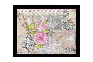 Inramad Canvastavla i trä - 41x56 cm - Blommig komposition med rosa rosor och detaljer i vintage-stil - Rosa / Grå / Beige - Inredning - Tavlor & posters - Canvastavla