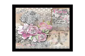 Inramad Canvastavla i trä - 41x56 cm - Blommig komposition med rosor och vintage-element - Rosa / Grå / Beige - Inredning - Tavlor & posters - Canvastavla