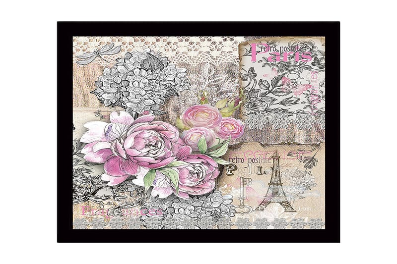 Inramad Canvastavla i trä - 41x56 cm - Blommig komposition med rosor och vintage-element - Rosa / Grå / Beige - Inredning - Tavlor & posters - Canvastavla