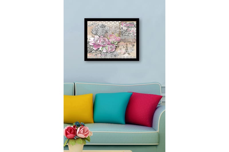 Inramad Canvastavla i trä - 41x56 cm - Blommig komposition med rosor och vintage-element - Rosa / Grå / Beige - Inredning - Tavlor & posters - Canvastavla