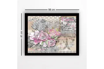 Inramad Canvastavla i trä - 41x56 cm - Blommig komposition med rosor och vintage-element - Rosa / Grå / Beige - Inredning - Tavlor & posters - Canvastavla