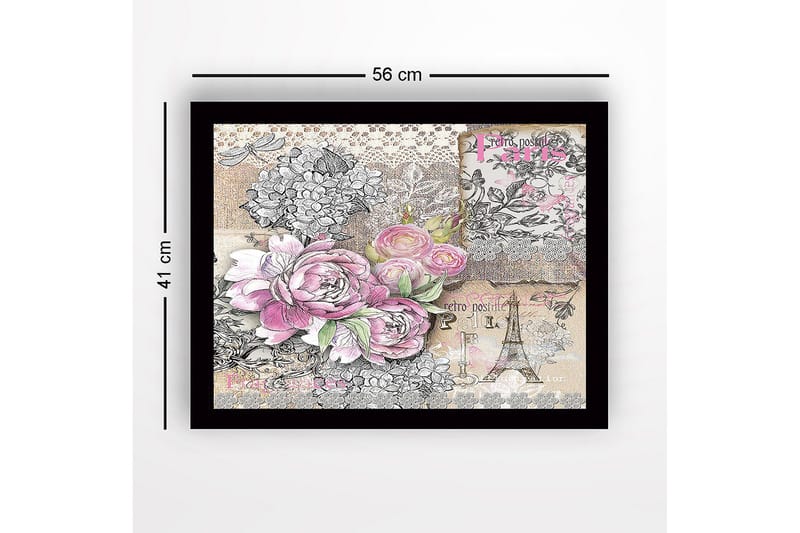 Inramad Canvastavla i trä - 41x56 cm - Blommig komposition med rosor och vintage-element - Rosa / Grå / Beige - Inredning - Tavlor & posters - Canvastavla