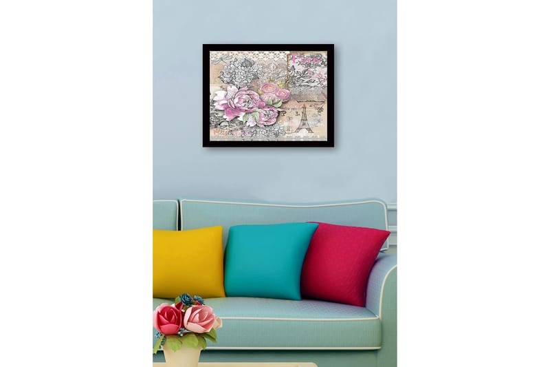 Inramad Canvastavla i trä - 41x56 cm - Blommig komposition med rosor och vintage-element - Rosa / Grå / Beige - Inredning - Tavlor & posters - Canvastavla