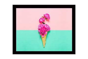 Inramad Canvastavla i trä - 41x56 cm - Blommor i en glasskon som står mot en färgglad bakgrund - Rosa / Grön / Gul - Inredning - Tavlor & posters - Canvastavla