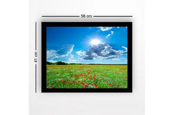 Inramad Canvastavla i trä - 41x56 cm - Blomstrande äng med röda vallmo och vita blommor under en klarblå himmel - Grön / Röd / Vit - Inredning - Tavlor & posters - Canvastavla