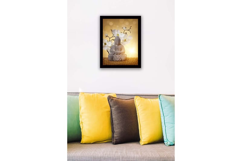 Inramad Canvastavla i trä - 41x56 cm - Buddha-statyn omgiven av vita magnolior - Grå / Vit / Gul - Inredning - Tavlor & posters - Canvastavla