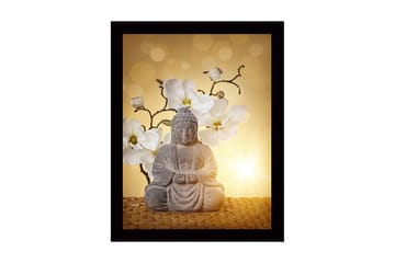 Inramad Canvastavla i trä - 41x56 cm - Buddha-statyn omgiven av vita magnolior - Grå / Vit / Gul - Inredning - Tavlor & posters - Canvastavla