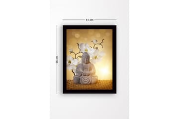 Inramad Canvastavla i trä - 41x56 cm - Buddha-statyn omgiven av vita magnolior - Grå / Vit / Gul - Inredning - Tavlor & posters - Canvastavla