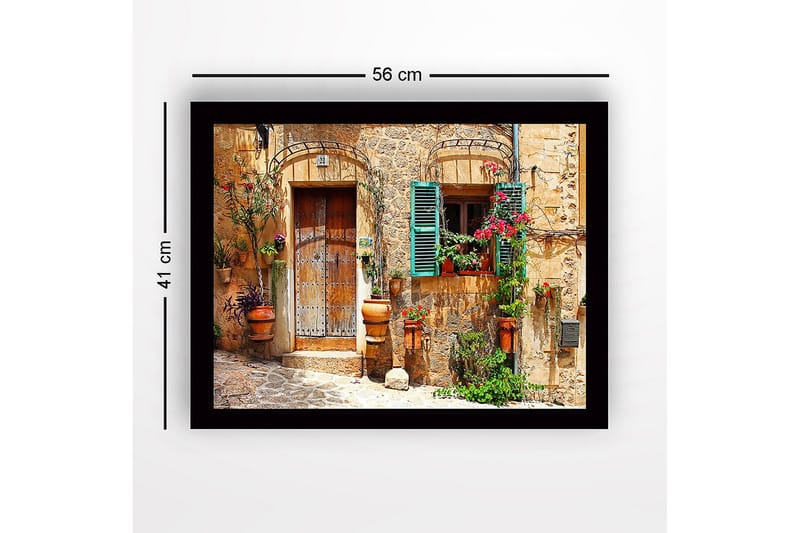 Inramad Canvastavla i trä - 41x56 cm - Charmig husfasad med blomsterdekorationer och gröna fönsterluckor - Terrakotta / Grön / Beige - Inredning - Tavlor & posters - Canvastavla