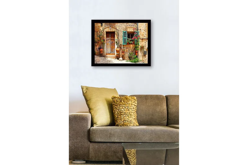 Inramad Canvastavla i trä - 41x56 cm - Charmig husfasad med blomsterdekorationer och gröna fönsterluckor - Terrakotta / Grön / Beige - Inredning - Tavlor & posters - Canvastavla