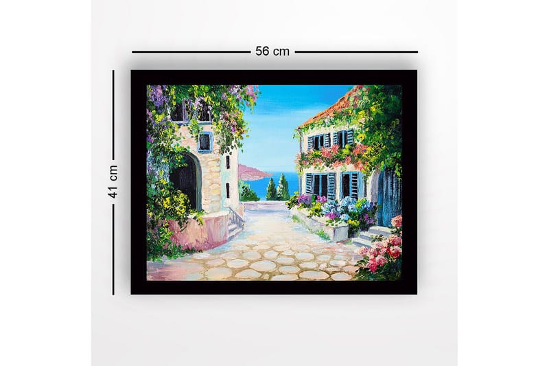 Inramad Canvastavla i trä - 41x56 cm - Charmig medelhavsgata med blommor och hus - Blå / Grön / Rosa - Inredning - Tavlor & posters - Canvastavla