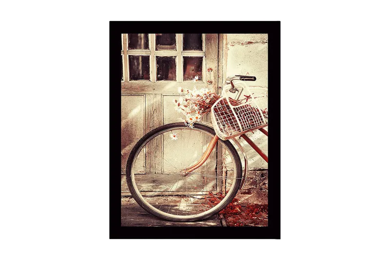 Inramad Canvastavla i trä - 41x56 cm - Cykel med korg fylld av blommor vid en gammal dörr, Beige / Rostbrun / Vit