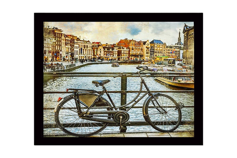 Inramad Canvastavla i trä - 41x56 cm - Cykel vid en kanal i en stadsmiljö, Svart / Brun / Blå