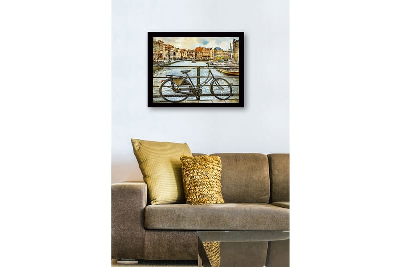 Inramad Canvastavla i trä - 41x56 cm - Cykel vid en kanal i en stadsmiljö - Svart / Brun / Blå - Inredning - Tavlor & posters - Canvastavla