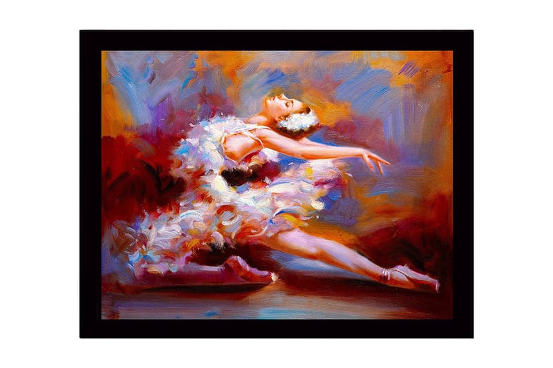 Inramad Canvastavla i trä - 41x56 cm - Dansande ballerina i en färgsprakande klänning, Röd / Vit / Orange