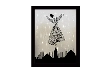 Inramad Canvastavla i trä - 41x56 cm - Dansande figur i en utsmyckad klänning som svävar över en stadssilhuett - Svart / Grå / Vit - Inredning - Tavlor & posters - Canvastavla