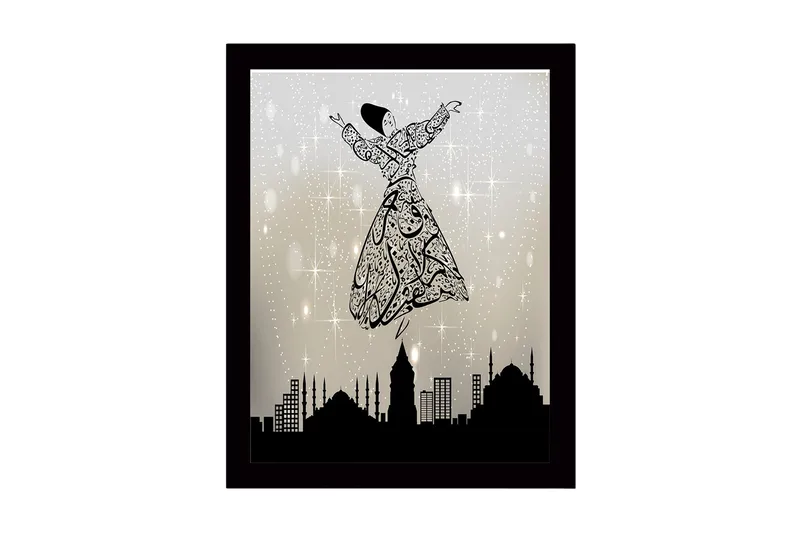 Inramad Canvastavla i trä - 41x56 cm - Dansande figur i en utsmyckad klänning som svävar över en stadssilhuett, Svart / Grå / Vit