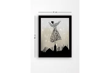 Inramad Canvastavla i trä - 41x56 cm - Dansande figur i en utsmyckad klänning som svävar över en stadssilhuett - Svart / Grå / Vit - Inredning - Tavlor & posters - Canvastavla