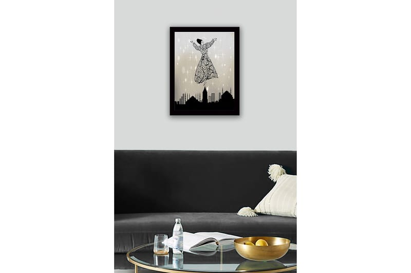 Inramad Canvastavla i trä - 41x56 cm - Dansande figur i en utsmyckad klänning som svävar över en stadssilhuett - Svart / Grå / Vit - Inredning - Tavlor & posters - Canvastavla