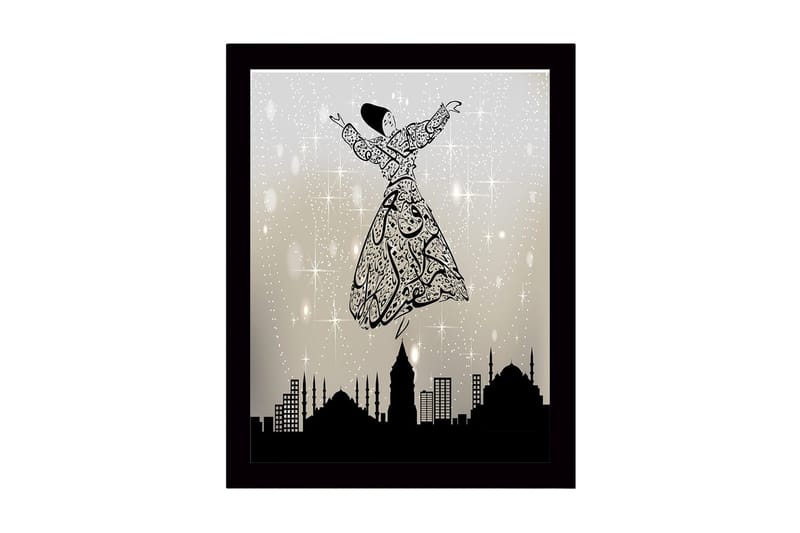 Inramad Canvastavla i trä - 41x56 cm - Dansande figur i en utsmyckad klänning som svävar över en stadssilhuett, Svart / Grå / Vit