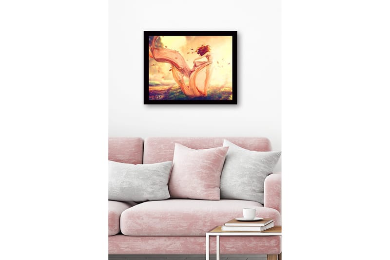 Inramad Canvastavla i trä - 41x56 cm - Dansande kvinna i en flödande klänning omgiven av höstlöv - Ljusrosa / Orange / Guld - Inredning - Tavlor & posters - Canvastavla