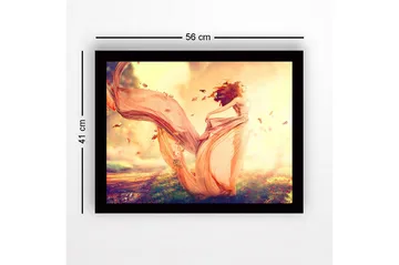 Inramad Canvastavla i trä - 41x56 cm - Dansande kvinna i en flödande klänning omgiven av höstlöv - Ljusrosa / Orange / Guld - Inredning - Tavlor & posters - Canvastavla