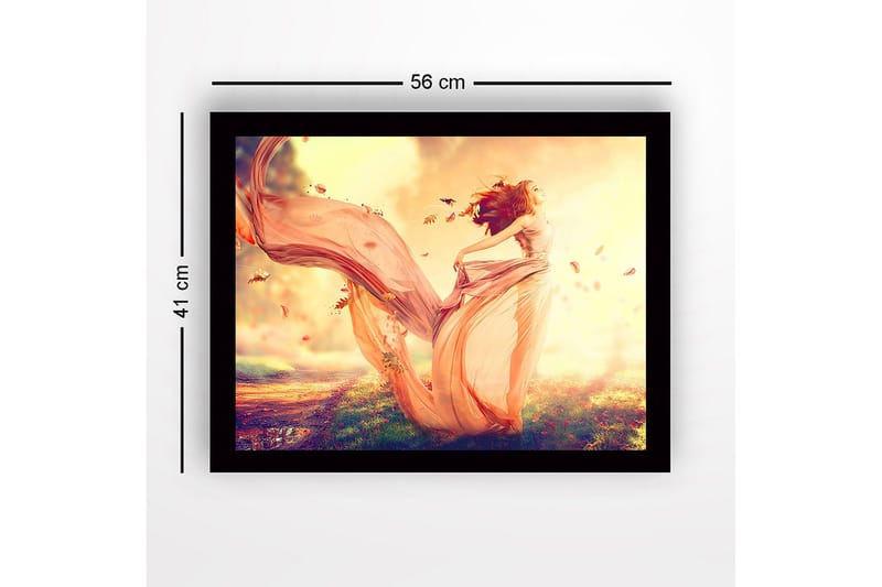 Inramad Canvastavla i trä - 41x56 cm - Dansande kvinna i en flödande klänning omgiven av höstlöv - Ljusrosa / Orange / Guld - Inredning - Tavlor & posters - Canvastavla