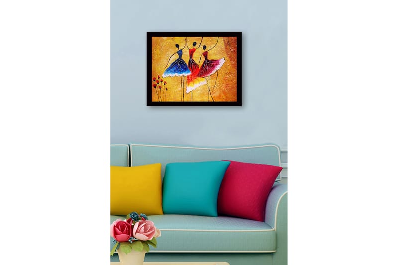 Inramad Canvastavla i trä - 41x56 cm - Dansande kvinnor i färgglada klänningar - Blå / Röd / Gul - Inredning - Tavlor & posters - Canvastavla