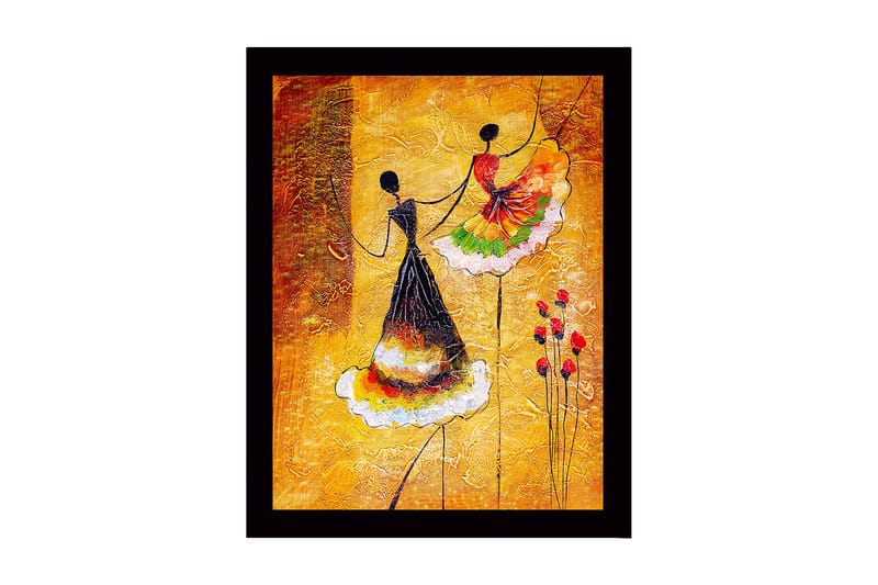 Inramad Canvastavla i trä - 41x56 cm - Dansande kvinnor i färgglada klänningar, Gult / Svart / Rött
