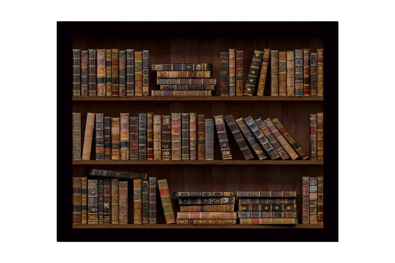 Inramad Canvastavla i trä - 41x56 cm - Detaljerad bokhylla med gamla böcker i varierande färger och storlekar - Brun / Beige / Svart - Inredning - Tavlor & posters - Canvastavla