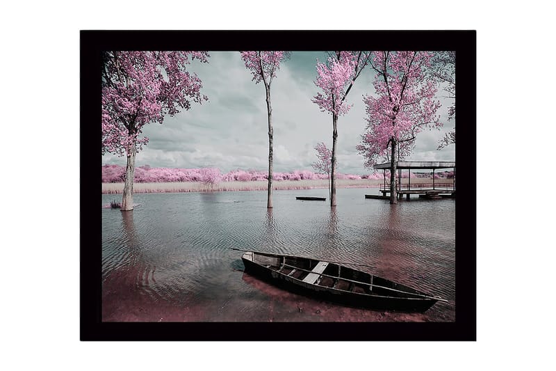 Inramad Canvastavla i trä - 41x56 cm - Drömlik landskap med rosa träd vid en stilla sjö, Rosa / Grå / Svart