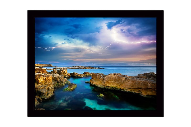 Inramad Canvastavla i trä - 41x56 cm - Dramatiskt havslandskap med åskmoln och klippformationer, Blå / Grön / Beige