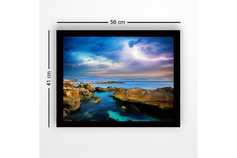 Inramad Canvastavla i trä - 41x56 cm - Dramatiskt havslandskap med åskmoln och klippformationer - Blå / Grön / Beige - Inredning - Tavlor & posters - Canvastavla