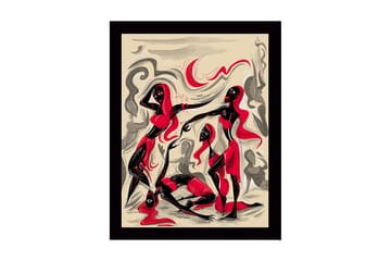Inramad Canvastavla i trä - 41x56 cm - Dynamisk komposition med tre figurer i rörelse - Röd / Svart / Beige - Inredning - Tavlor & posters - Canvastavla