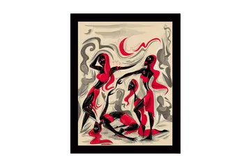Inramad Canvastavla i trä - 41x56 cm - Dynamisk komposition med tre figurer i rörelse - Röd / Svart / Beige - Inredning - Tavlor & posters - Canvastavla