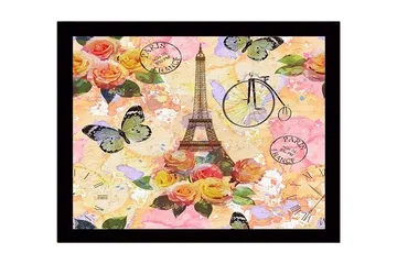 Inramad Canvastavla i trä - 41x56 cm - Eiffeltornet omgiven av färgrika blommor och fjärilar - Rosa / Gult / Grönt - Inredning - Tavlor & posters - Canvastavla