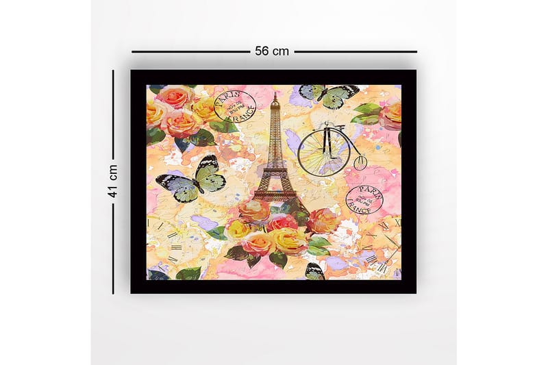 Inramad Canvastavla i trä - 41x56 cm - Eiffeltornet omgiven av färgrika blommor och fjärilar - Rosa / Gult / Grönt - Inredning - Tavlor & posters - Canvastavla