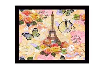 Inramad Canvastavla i trä - 41x56 cm - Eiffeltornet omgiven av färgrika blommor och fjärilar - Rosa / Gult / Grönt - Inredning - Tavlor & posters - Canvastavla