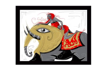 Inramad Canvastavla i trä - 41x56 cm - Elefant med en kvinna i röd klänning som rider på dess rygg - Guld / Röd / Svart - Inredning - Tavlor & posters - Canvastavla