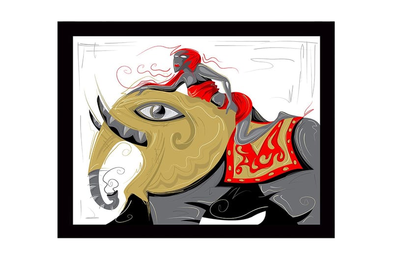 Inramad Canvastavla i trä - 41x56 cm - Elefant med en kvinna i röd klänning som rider på dess rygg, Guld / Röd / Svart